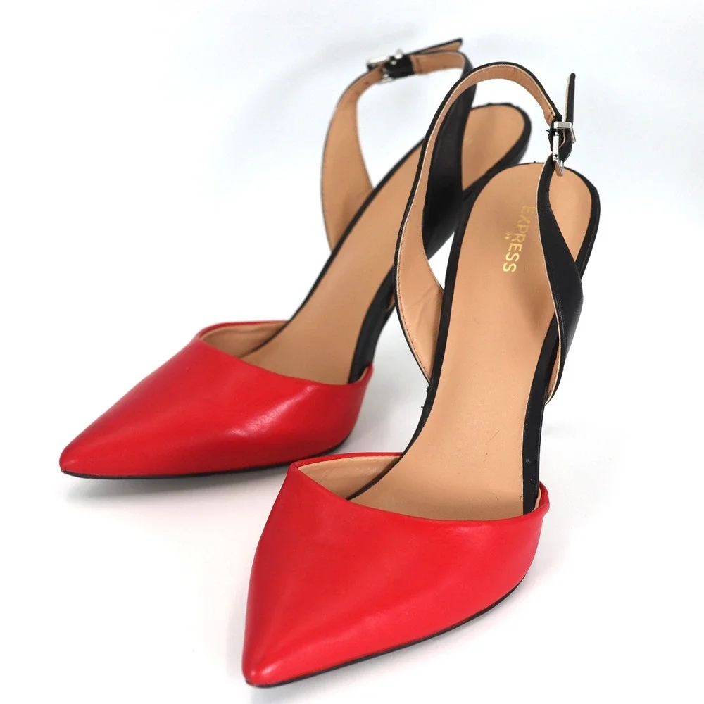 Express Slingback Pumps Womens 10 Red Black Stiletto Pointed Toe Dress Heels